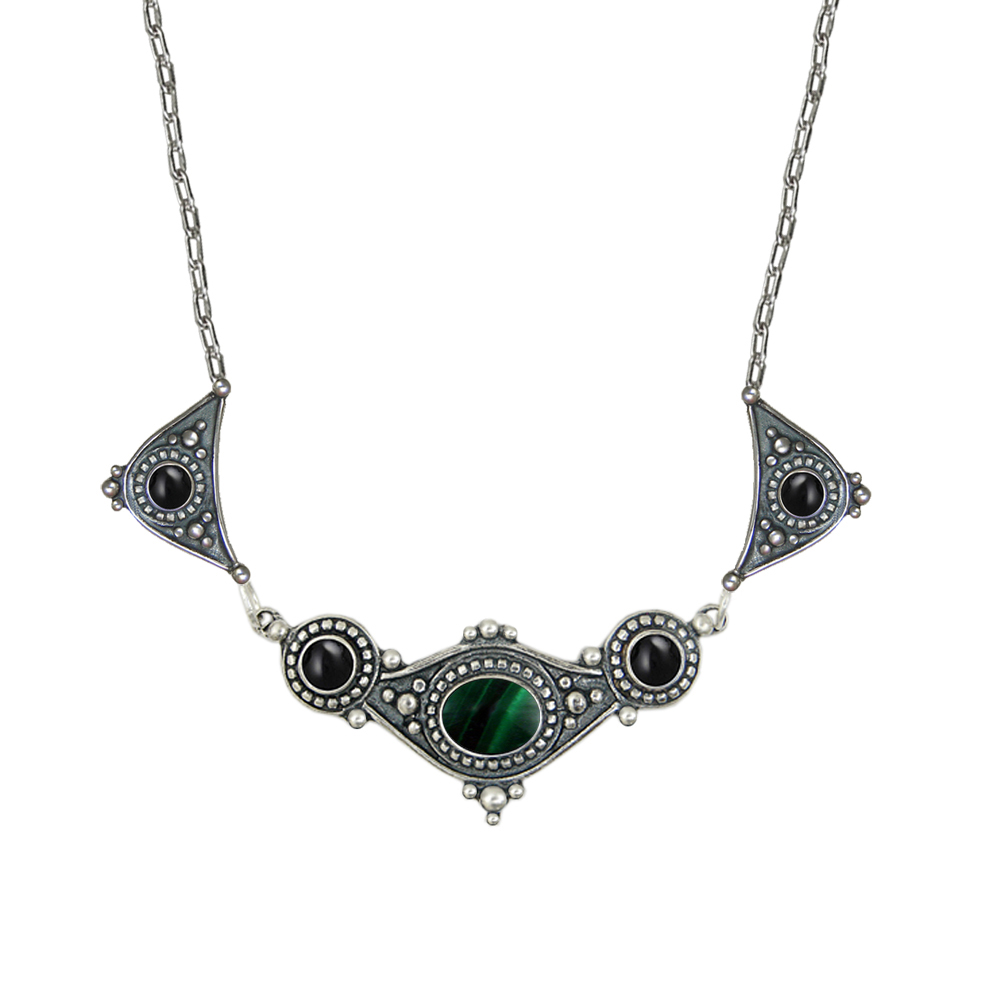 Sterling Silver Romantic Necklace With Malachite And Black Onyx